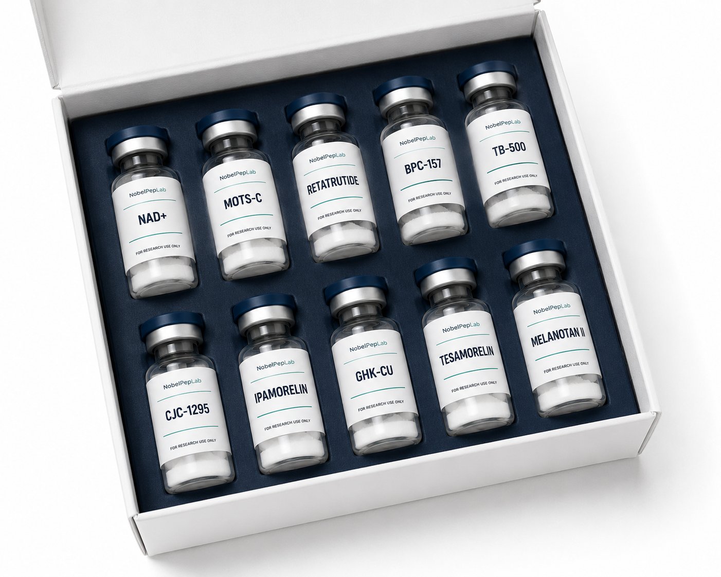 NobelPepLab research peptide vials in branded box