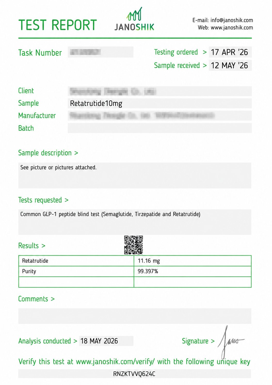 Example Certificate of Analysis from Janoshik for Retatrutide