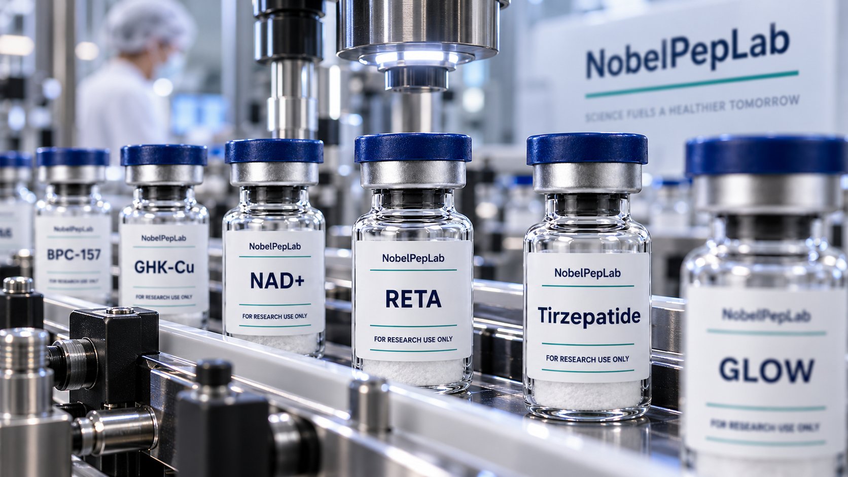 Research peptide vials labelled GHK-Cu, NAD+, RETA, tirzepatide and GLOW, each marked for research use only, on a stainless steel filling line