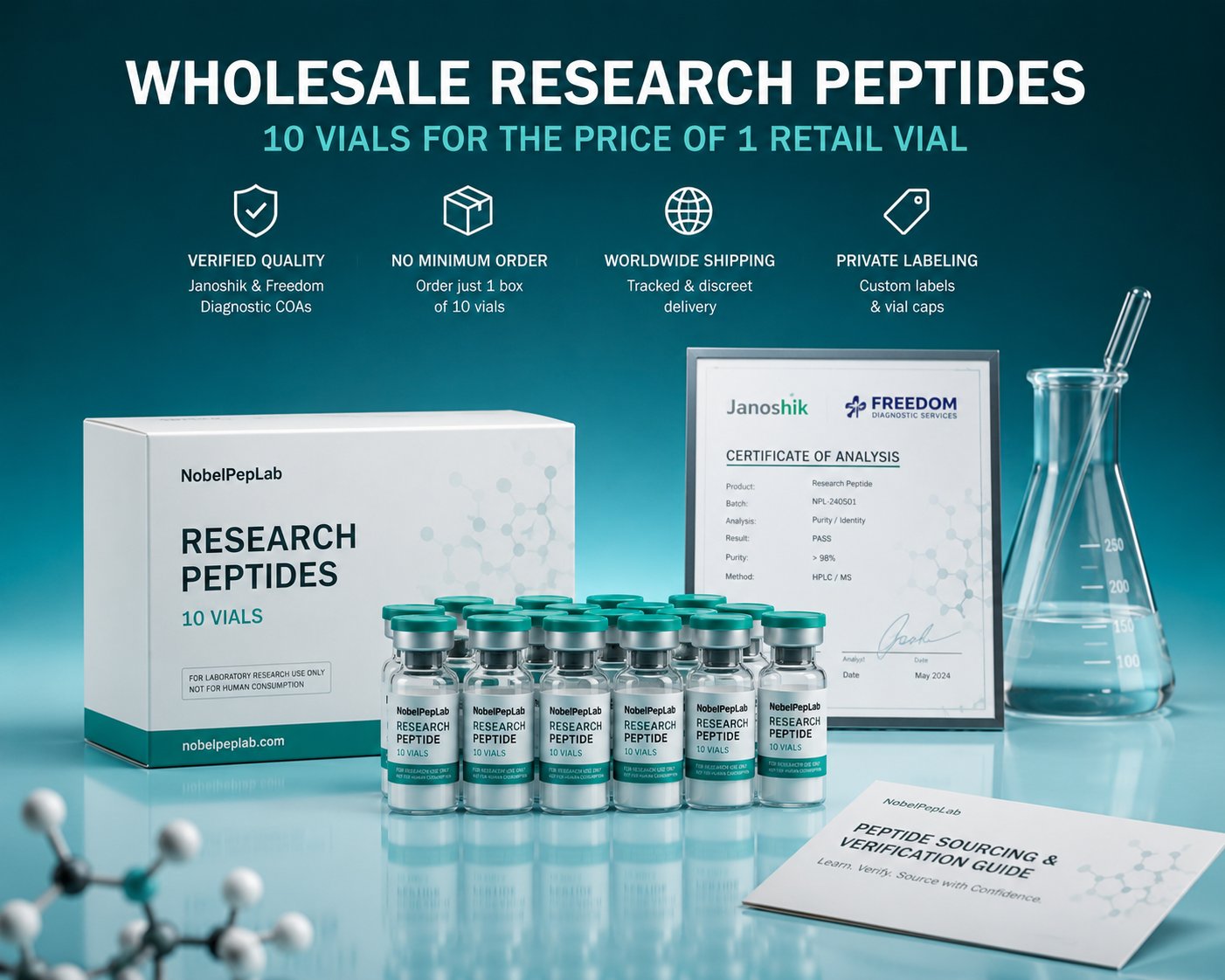 NobelPepLab wholesale research peptides — box of 10 vials with COA documentation