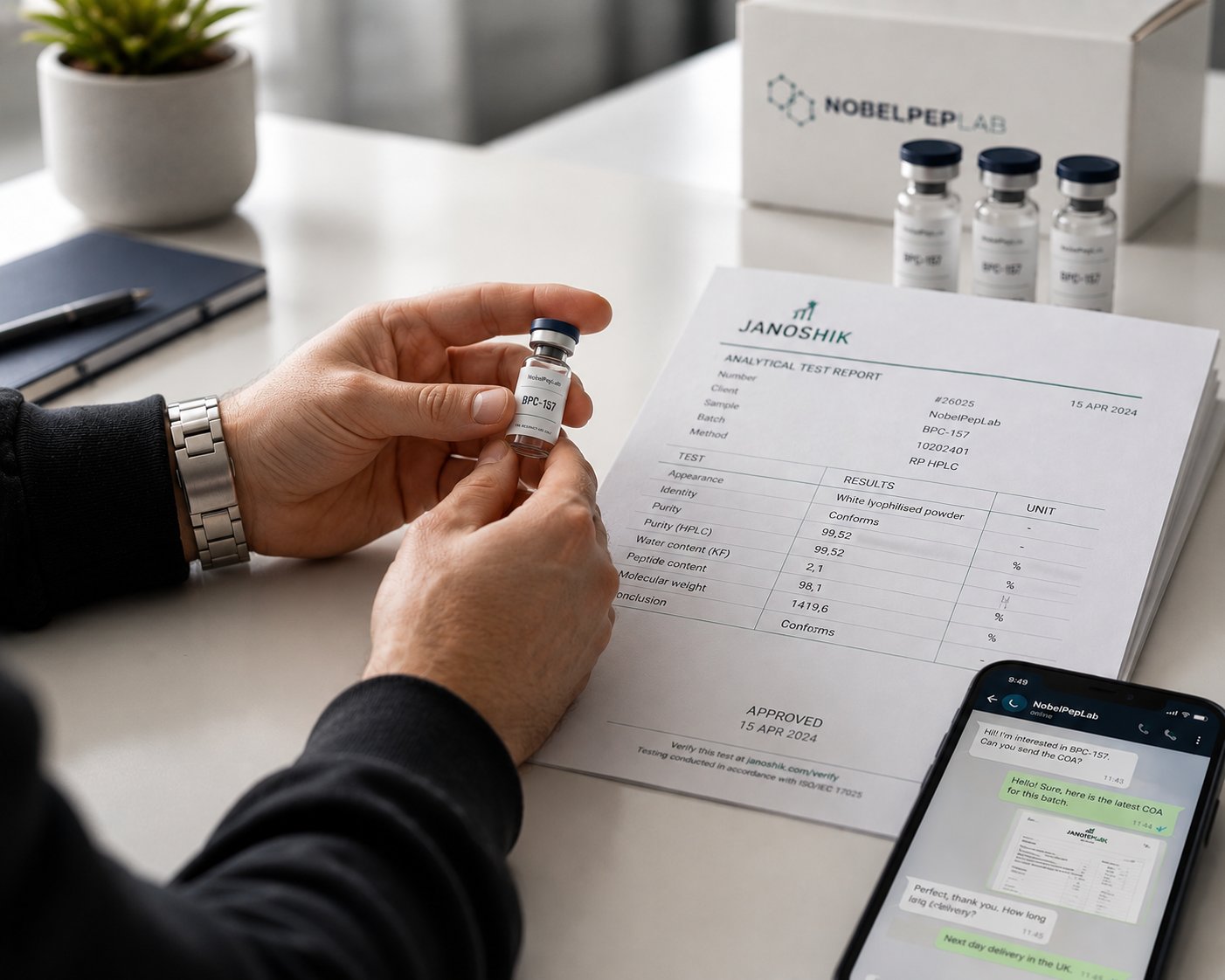 Janoshik COA report with BPC-157 vials and WhatsApp conversation
