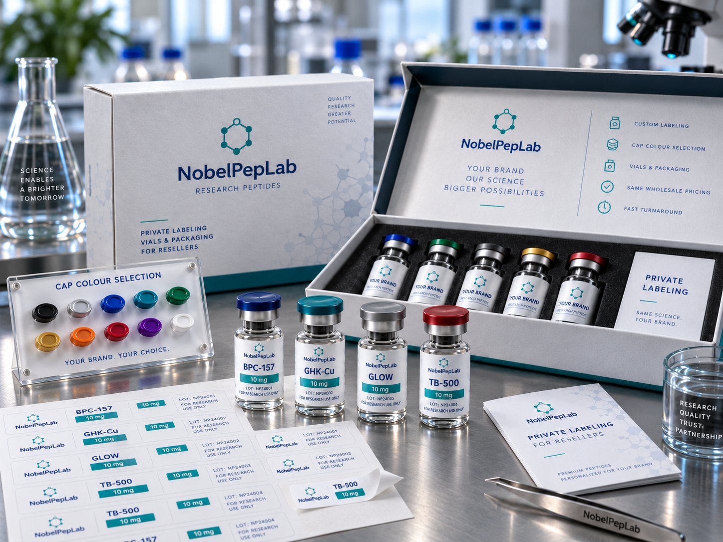 Private labeling kit: a branded outer box and presentation tray of vials carrying a placeholder YOUR BRAND label, a cap colour selection board showing ten colours, printed label sheets and an insert card