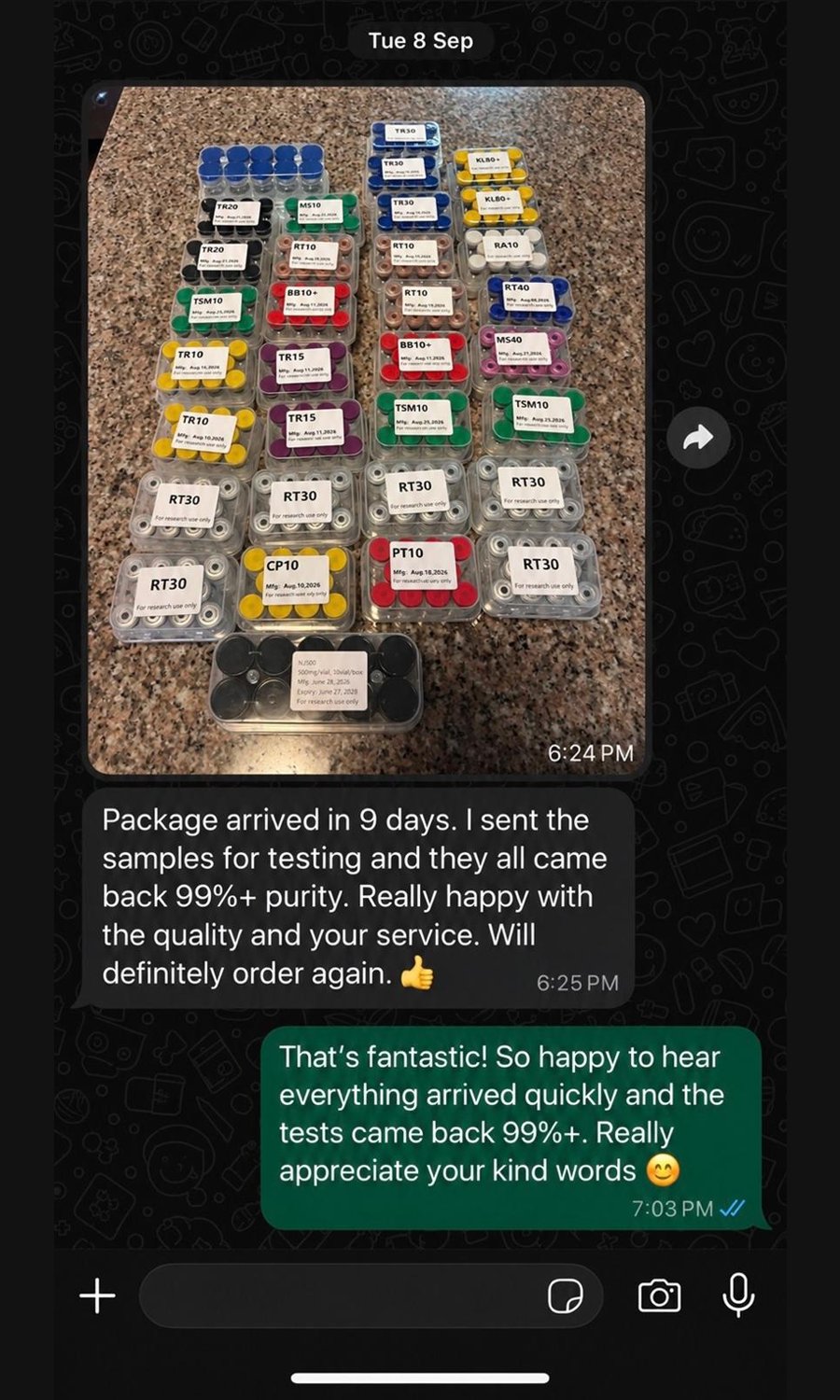 WhatsApp message dated 8 September 2026 with the customer's photo of their NobelPepLab order laid out on a worktop — around 25 labelled vial trays including RT30, TR10, TSM10 and PT10. They write that the package arrived in 9 days and that samples they sent for testing all came back at 99%+ purity.