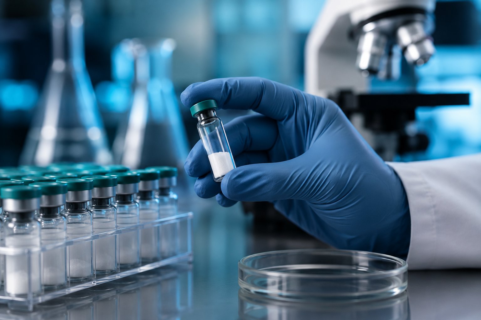 Researcher examining research peptide vials in laboratory